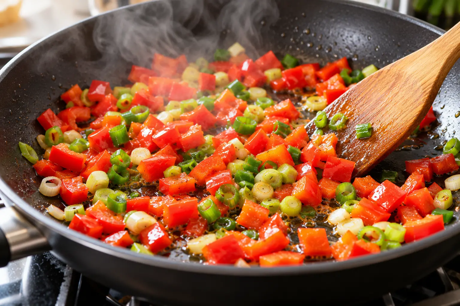 Poivron rouge et oignons verts en train de sauter dans une poêle avec de l'huile d'olive