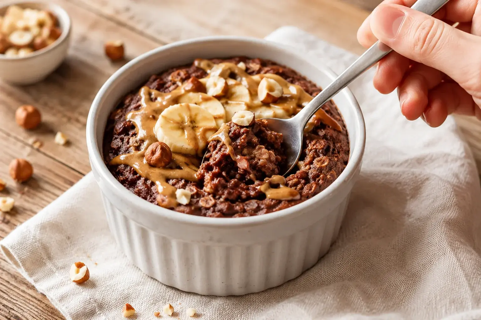 Baked oats chocolat-banane servis dans un ramequin avec une cuillère, filet de beurre de cacahuète sur le dessus
