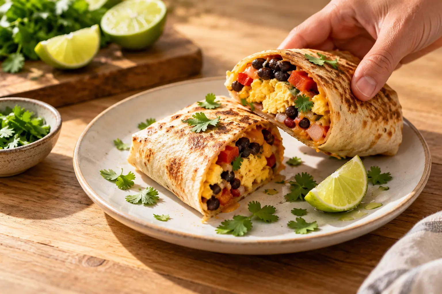 Burrito tex-mex protéiné coupé en deux sur une assiette avec coriandre et quartier de citron vert
