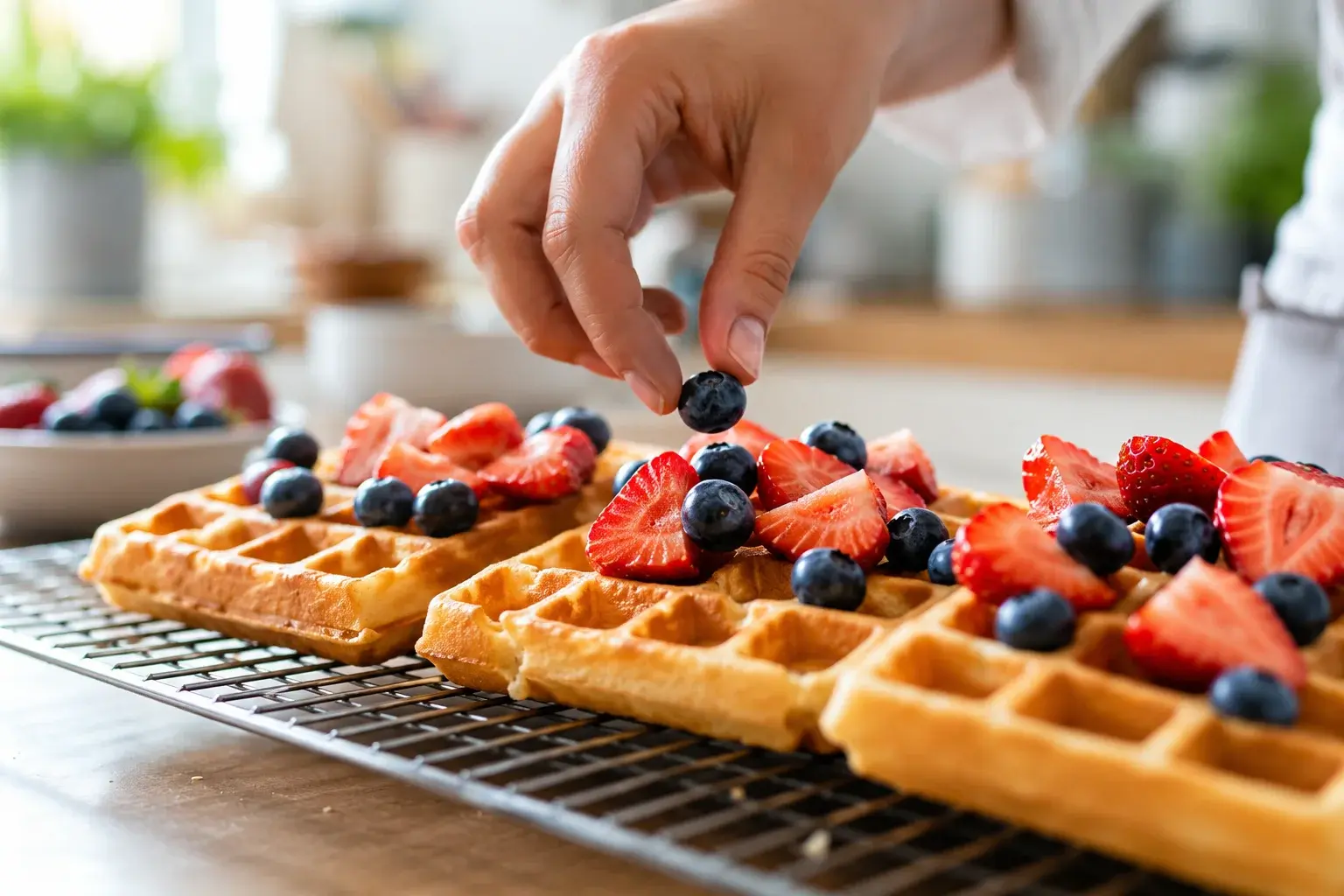 Gaufres vanille protéinées disposées sur une grille avec des fruits frais à côté
