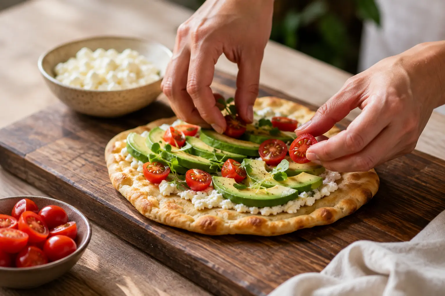 Pain plat au cottage cheese garni de tomates et avocat sur une planche en bois
