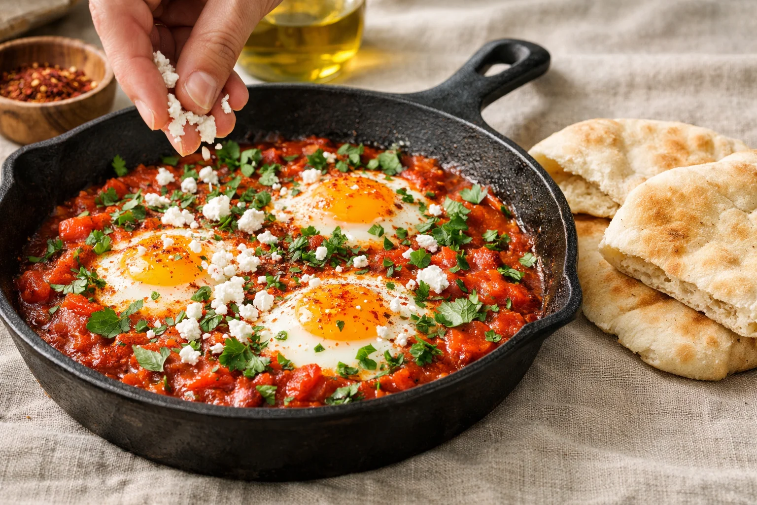 Shakshuka épicée protéinée dans la poêle en fonte avec trois œufs pochés aux jaunes orangés sur sauce rouge, feta émiettée blanche et persil vert parsemés, paprika rouge en finition, fond lin beige