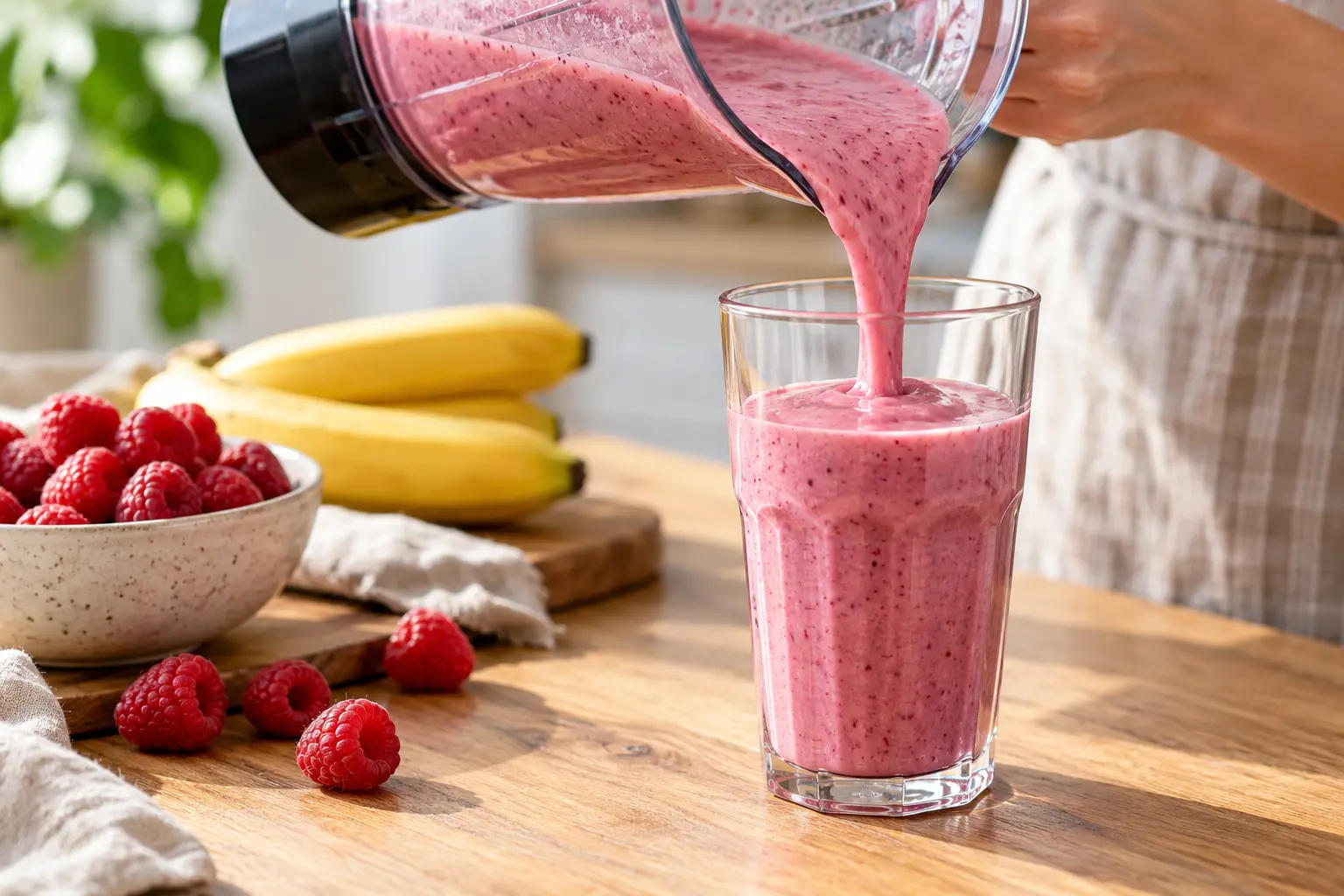 Smoothie framboises-banane protéiné versé dans un verre avec garniture de framboises