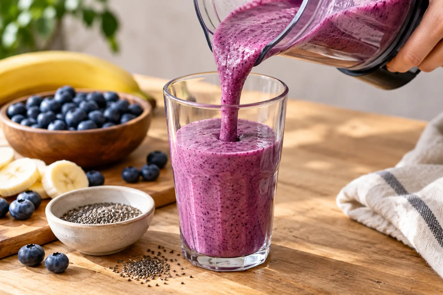 Smoothie myrtilles-banane protéiné versé dans un verre avec topping de myrtilles et graines de chia