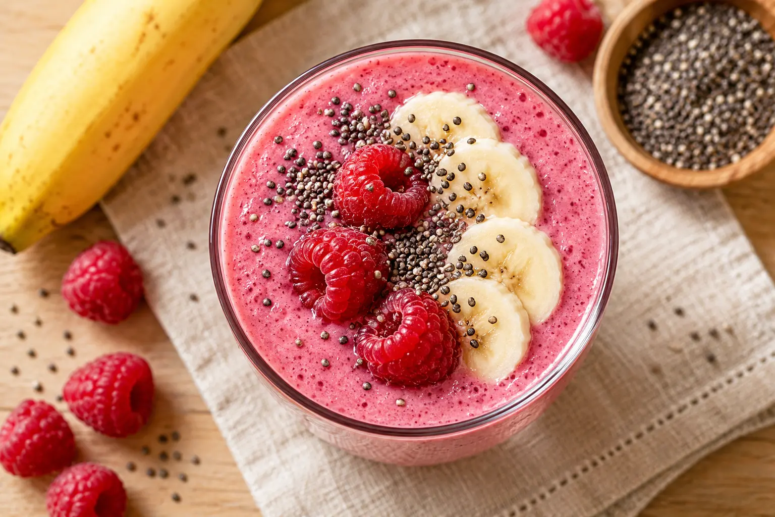 Vue rapprochée du smoothie framboises-banane protéiné montrant sa texture onctueuse rose vif