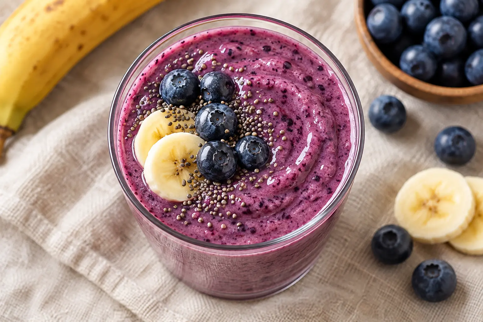 Vue rapprochée du smoothie myrtilles-banane protéiné montrant sa texture crémeuse et violette