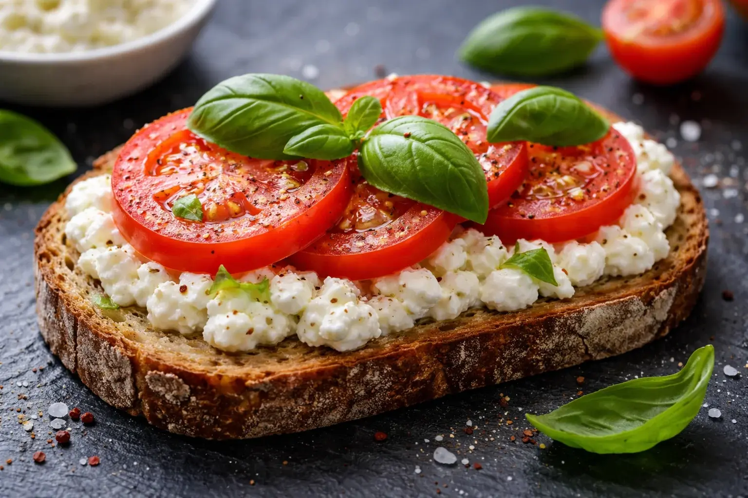 Gros plan sur une tartine cottage cheese tomates, texture crémeuse et grumeleuse du cottage cheese visible sous les rondelles de tomates rouges et basilic frais, fond ardoise sombre