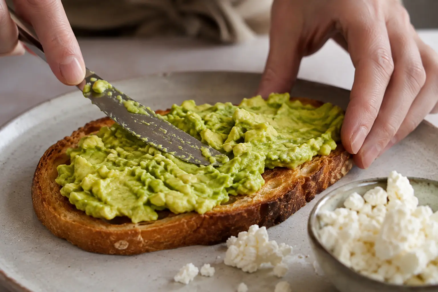 Avocat écrasé étalé sur un toast grillé avec des morceaux de feta émiettés par-dessus