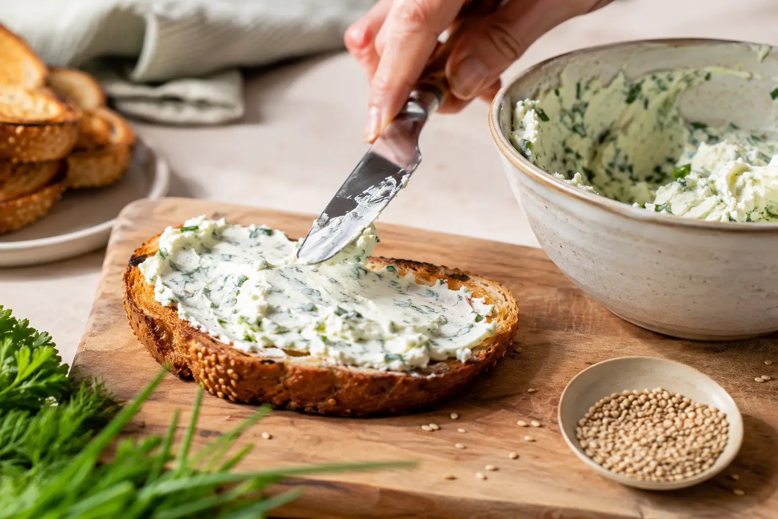 Main tartinant du fromage frais aux herbes sur un toast doré avec un couteau
