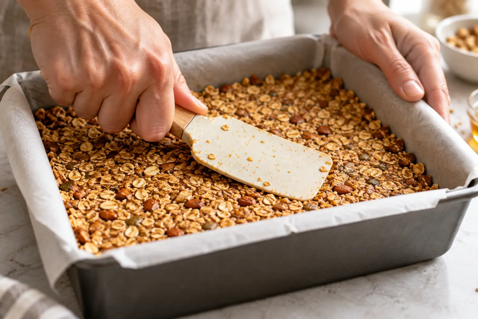 Pâte de barres amandes-miel tassée dans un moule rectangulaire avec papier cuisson