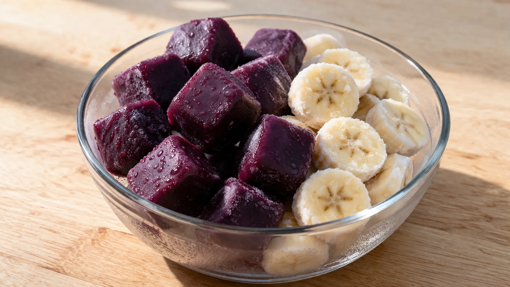 Cubes de purée d'açaï violette surgelée et rondelles de banane congelée sortis du congélateur dans un bol en verre sur plan de travail en bois clair, légère condensation visible
