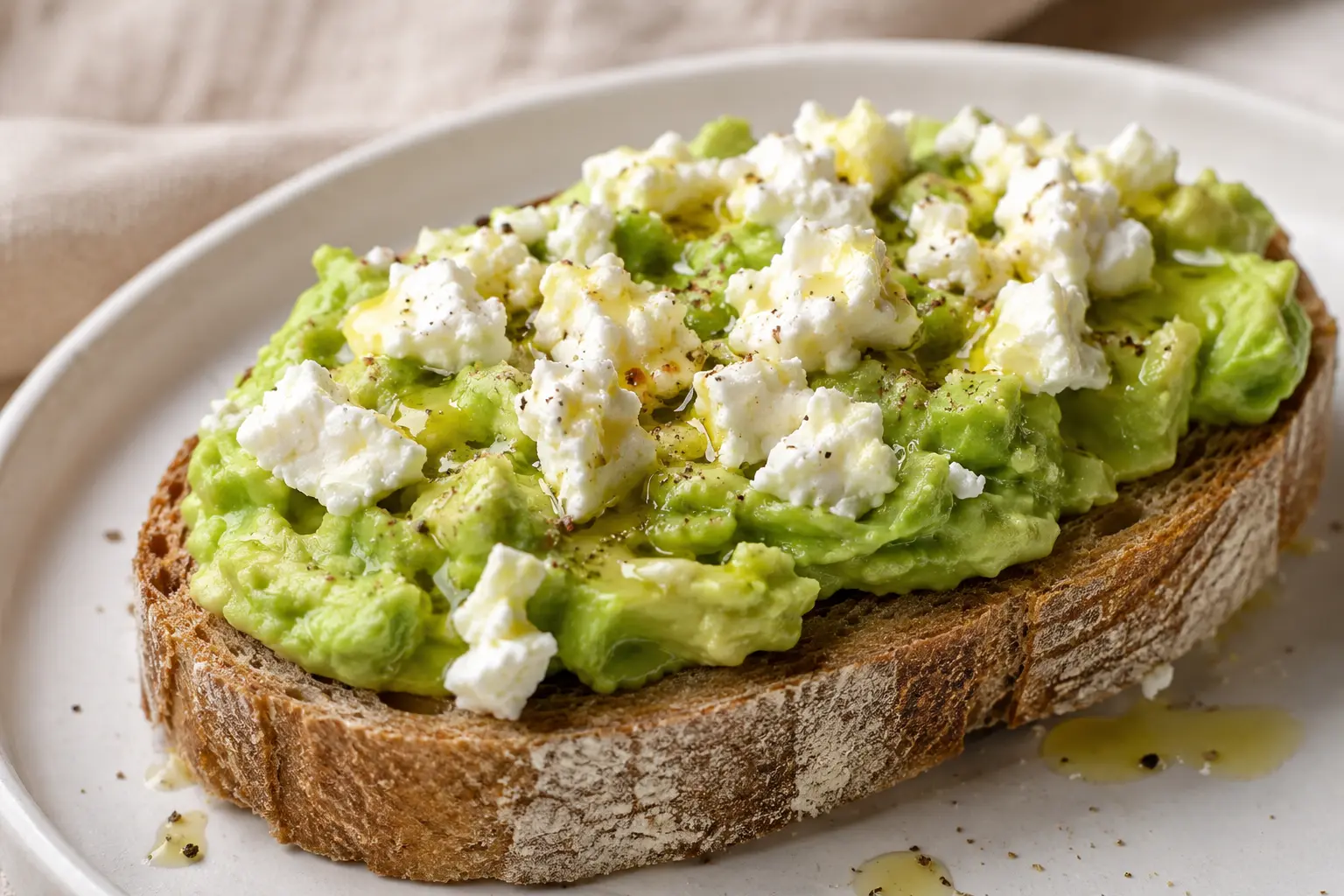 Toast avocat feta en gros plan montrant la texture crémeuse de l'avocat et les miettes de feta