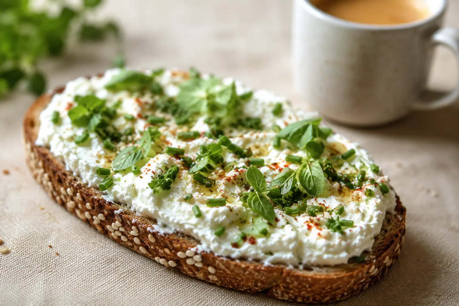 Gros plan sur un toast fromage frais herbes avec ciboulette ciselée et poivre noir