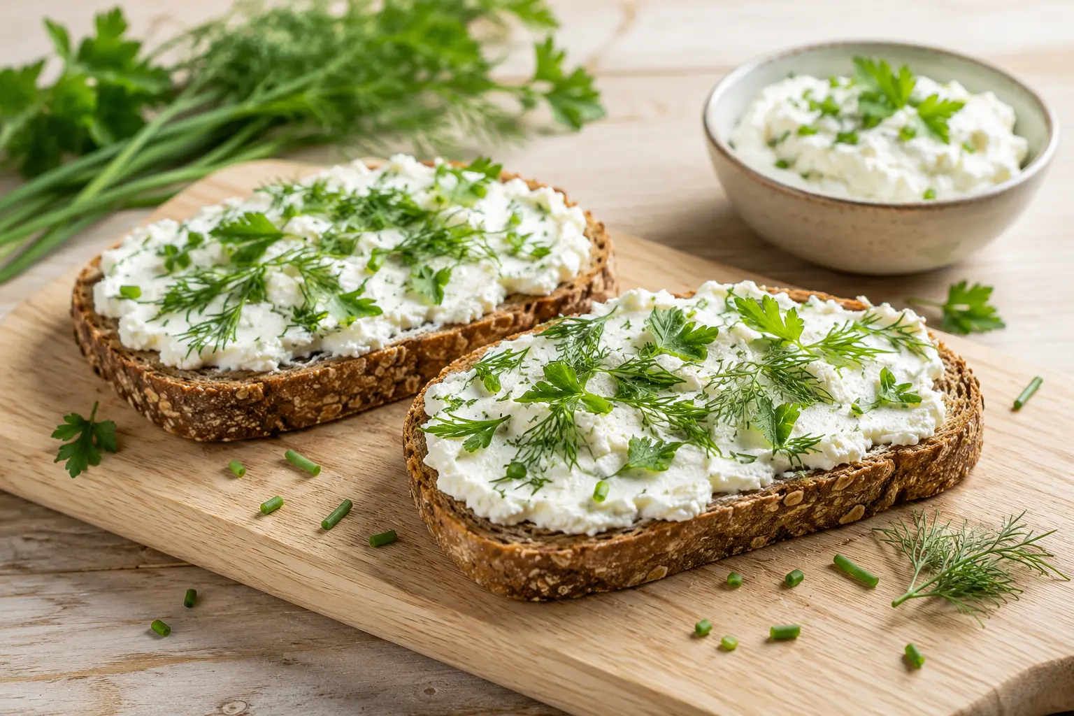 Toast fromage frais et herbes fraîches