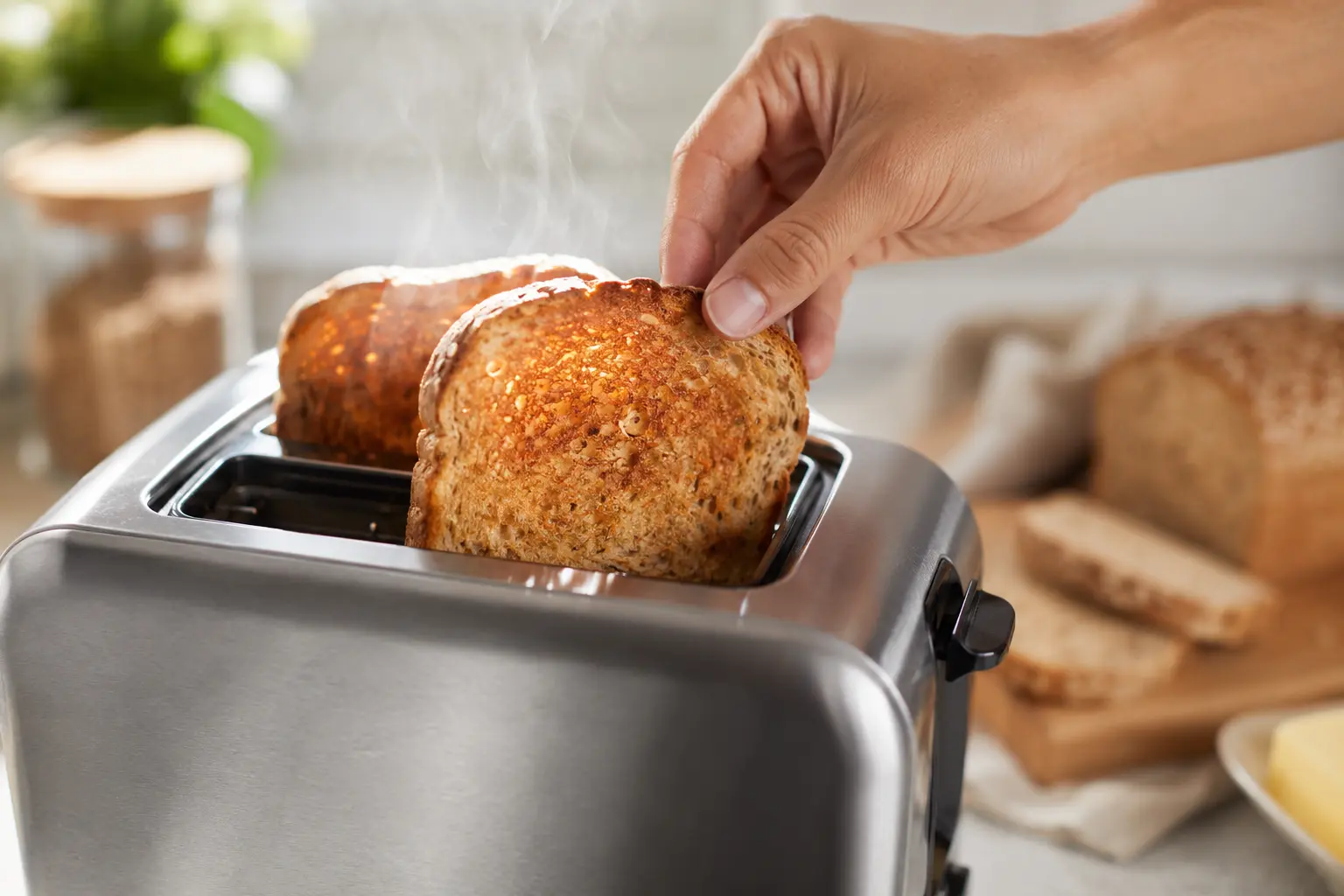 Tranches de pain complet en train de griller dans un grille-pain