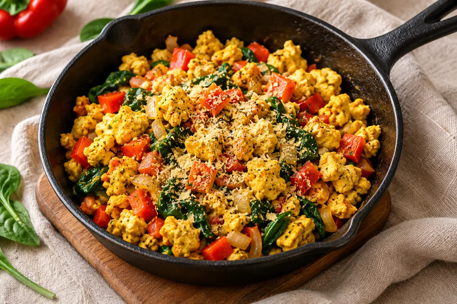 Tofu brouillé servi dans une poêle en fonte avec des herbes fraîches