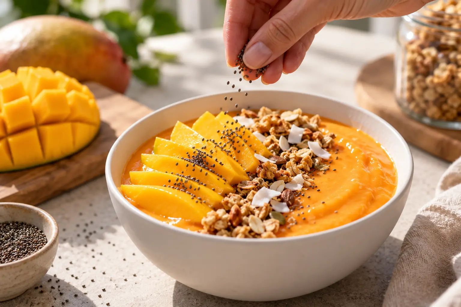 Main disposant des tranches de mangue et du granola sur le bowl smoothie mangue-passion
