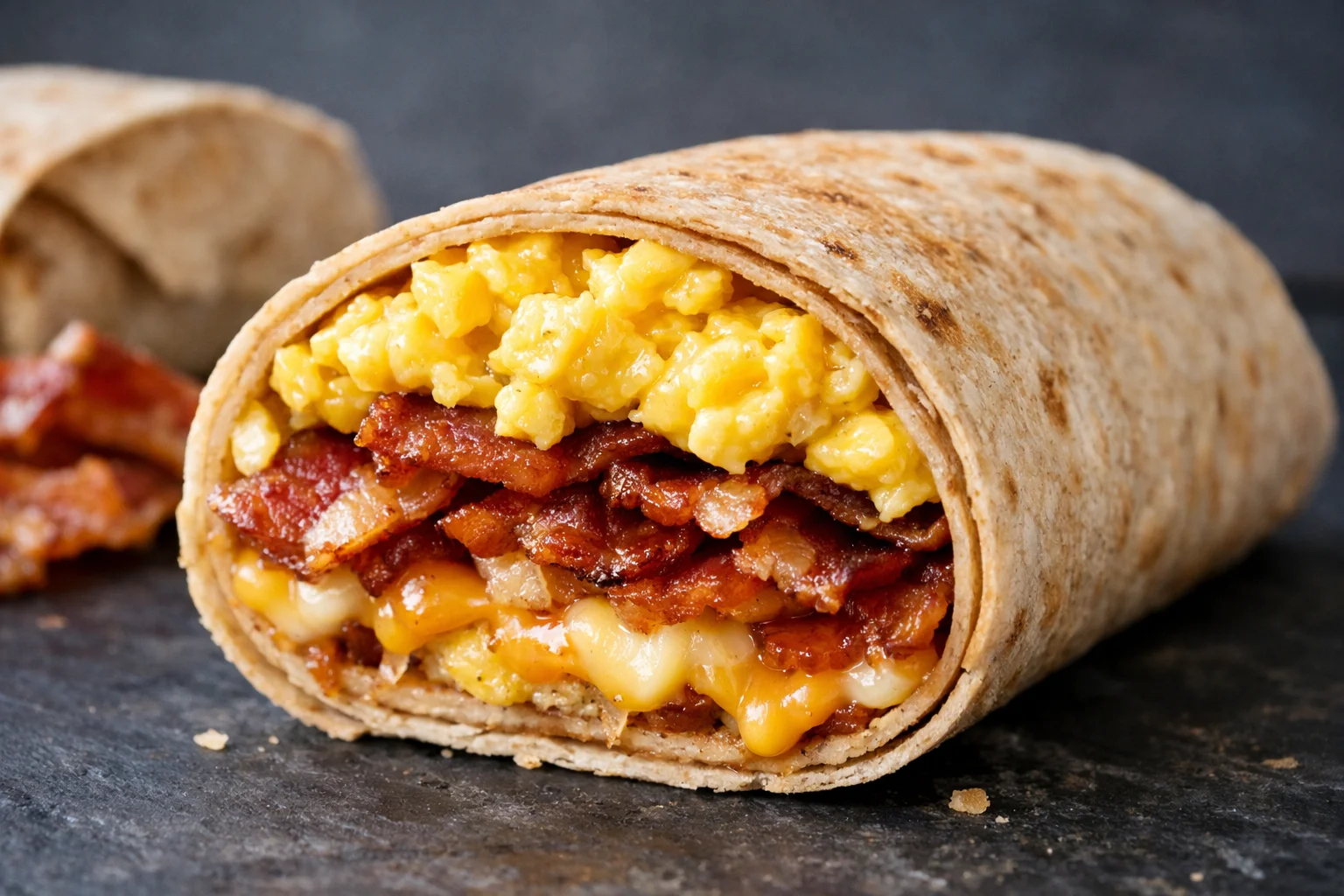 Gros plan sur la coupe d'un wrap œufs brouillés-bacon révélant les œufs crémeux, bacon doré et fromage fondu, tortilla complète bien roulée, fond ardoise sombre