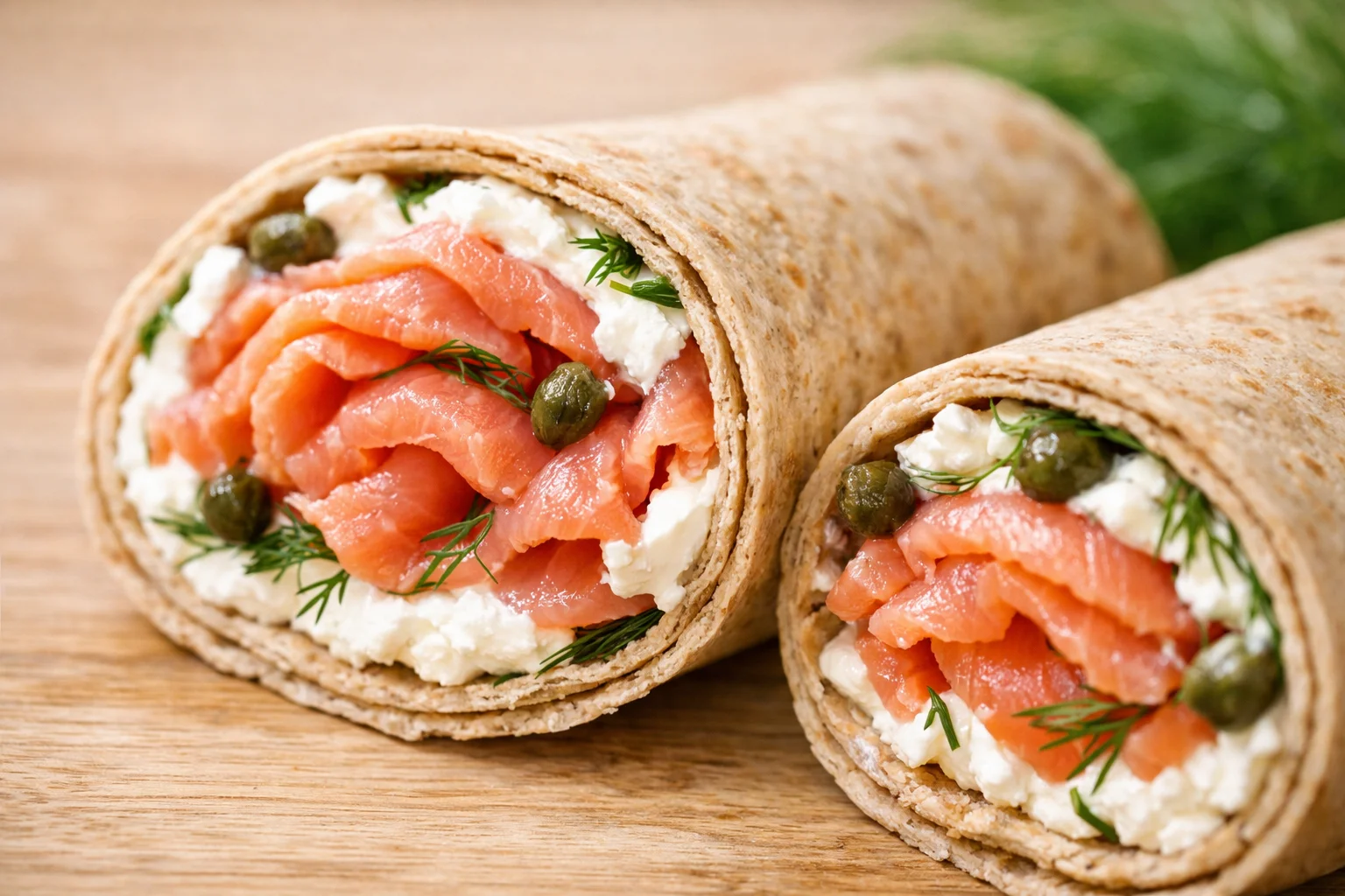 Gros plan sur la coupe d'un wrap saumon-cream cheese révélant les tranches de saumon fumé rose, cream cheese crémeux, câpres et aneth frais, fond bois clair