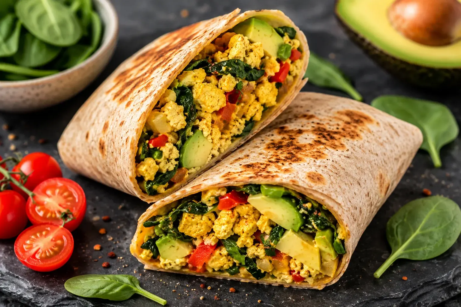 Wrap tofu brouillé coupé en deux montrant la garniture dorée et les légumes