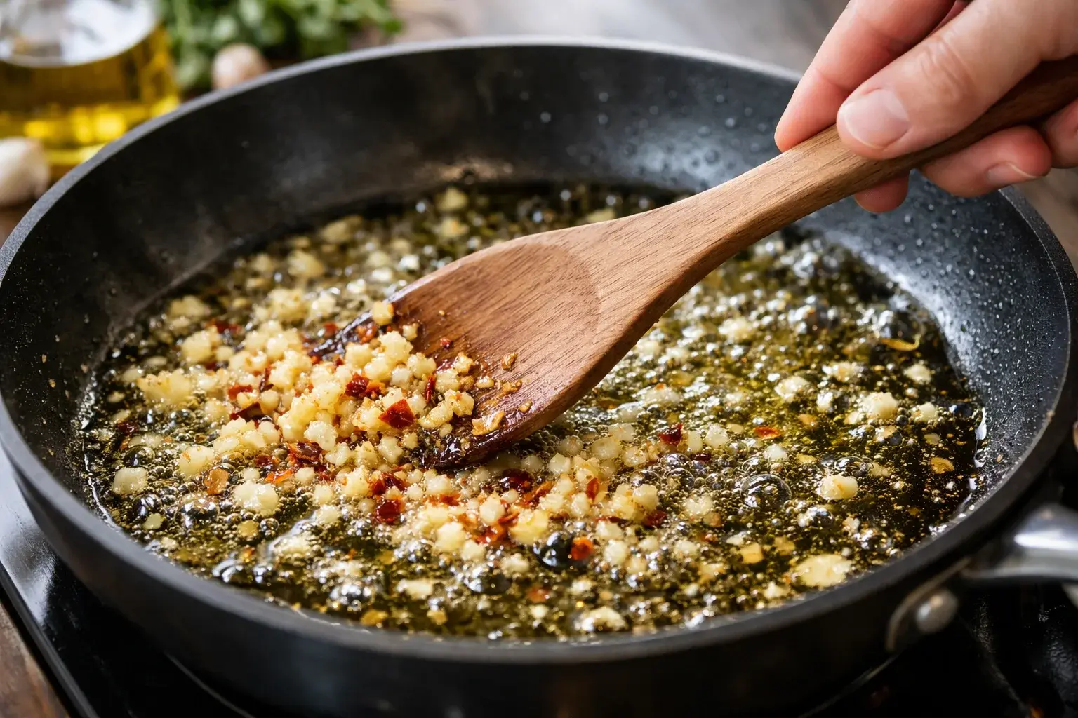 Ail émincé et flocons de piment séché rouge revenant dans une sauteuse avec huile d'olive bien chaude
