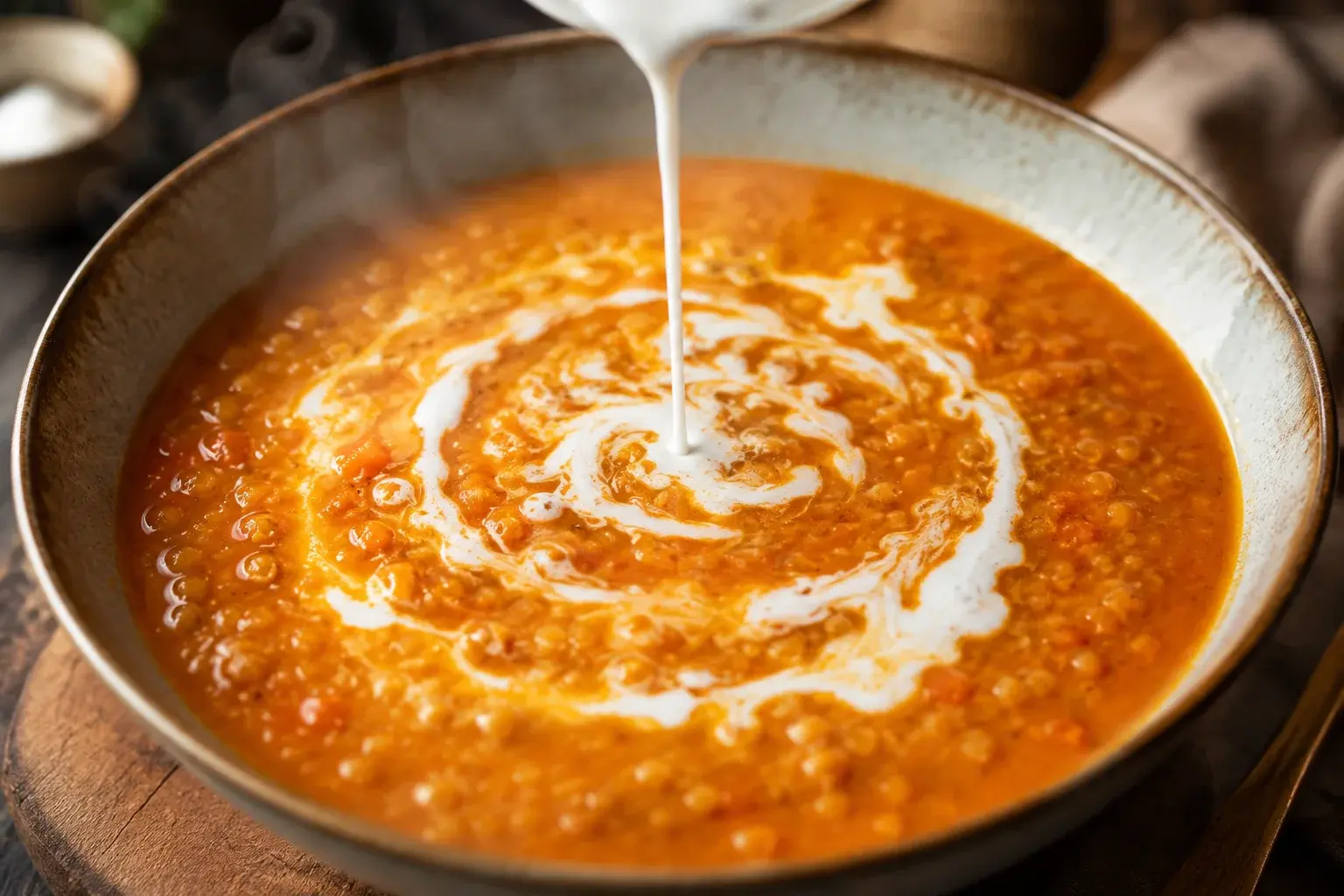 Lait de coco blanc versé en filet dans une soupe orangée aux lentilles, créant des marbrures crémeuses à la surface