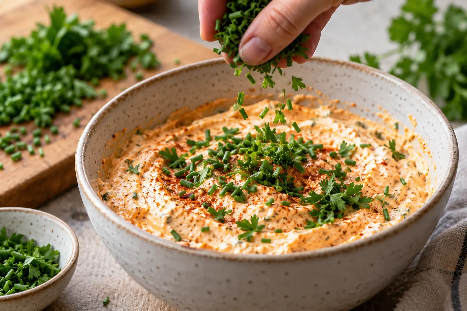 Ajout de ciboulette et persil ciselés dans le dip de fromage blanc