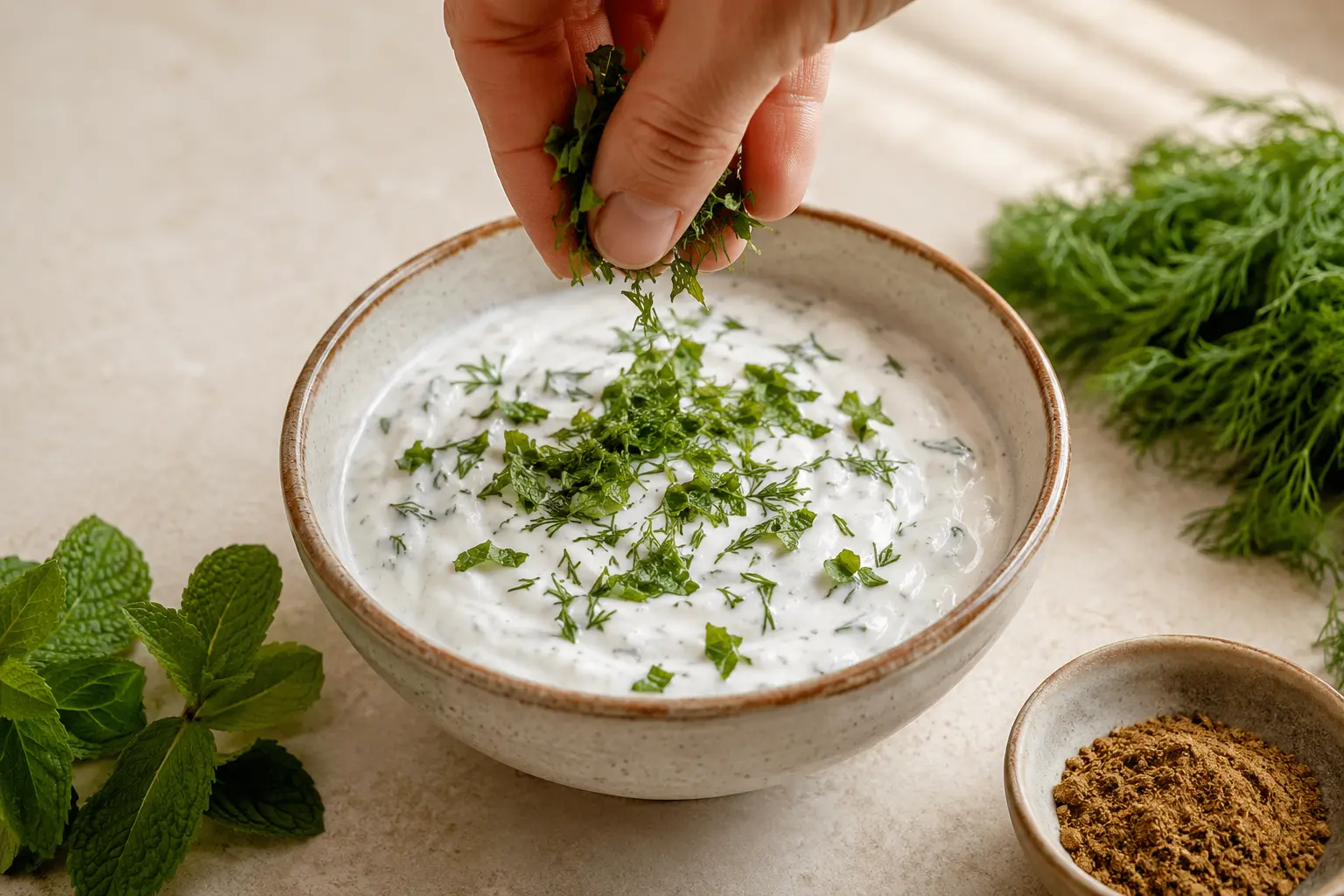 Ajout de menthe et d'aneth ciselés dans la sauce au yaourt grec
