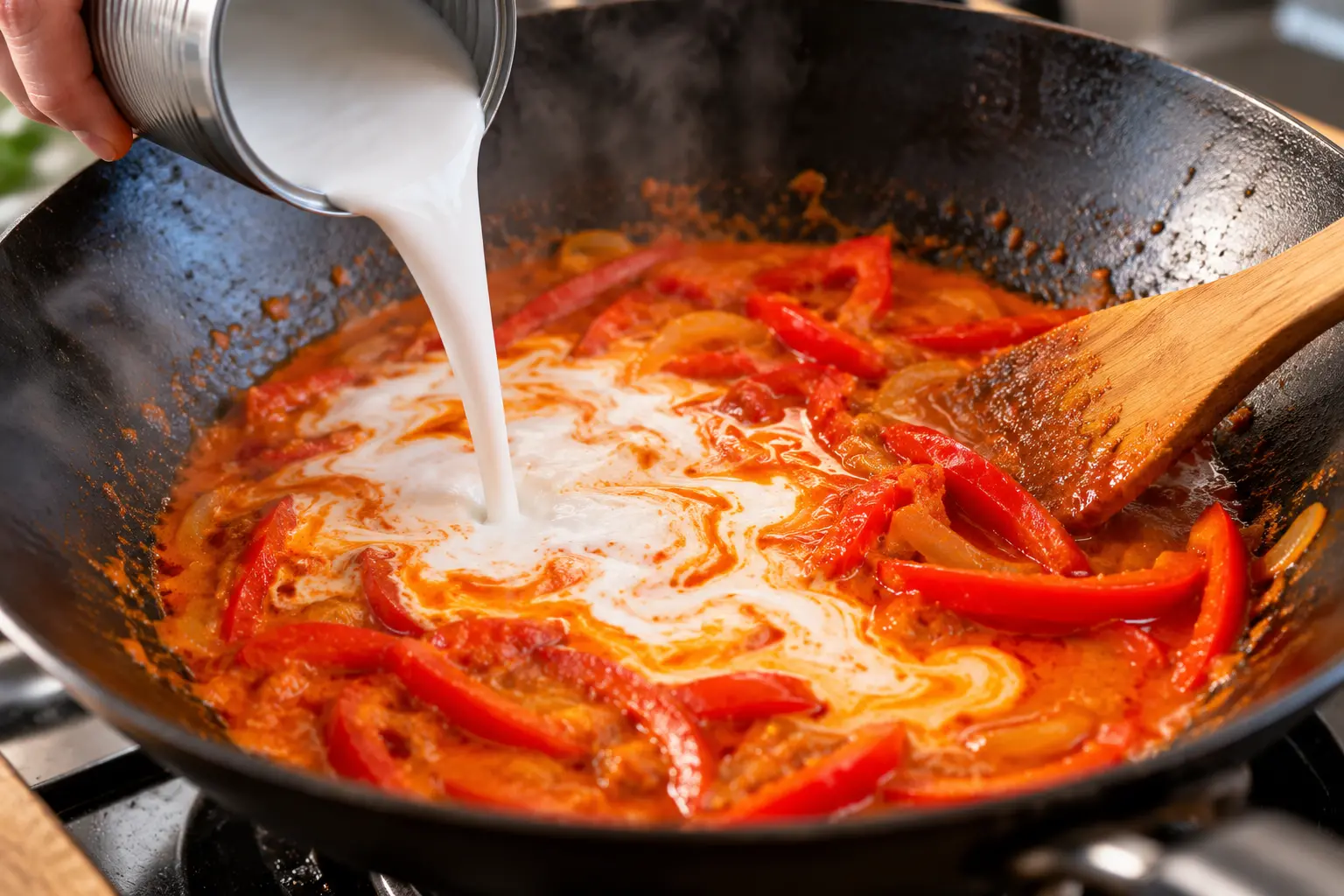 Lait de coco versé dans le wok avec la pâte de curry rouge, formant une sauce orange onctueuse avec les poivrons