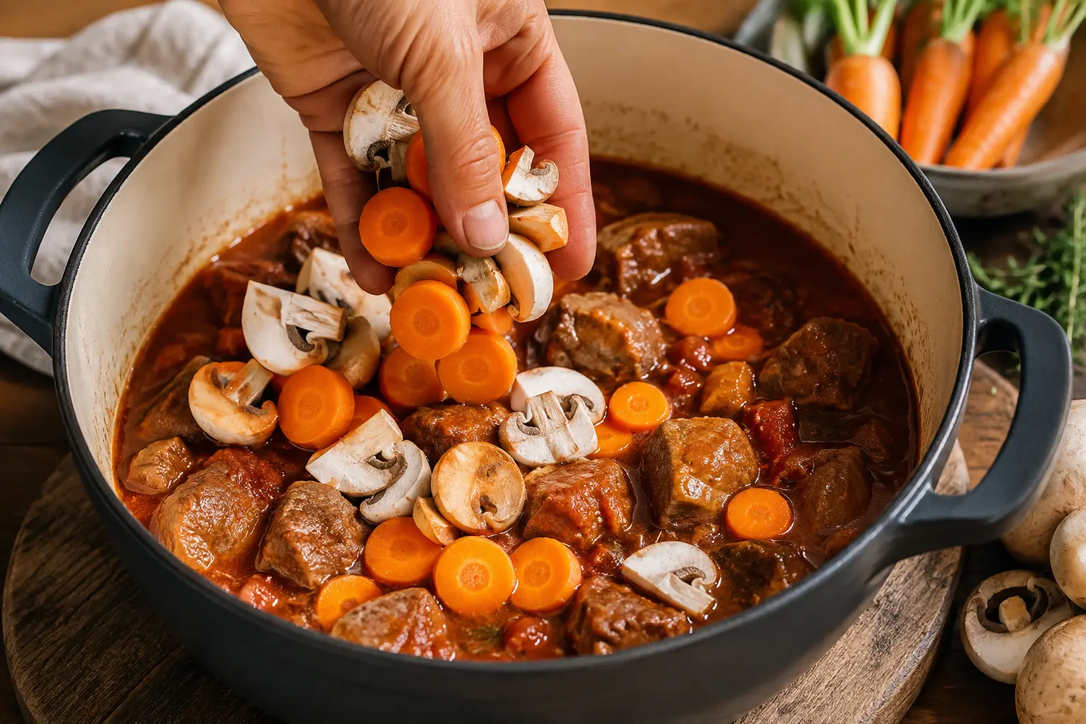 Ajout des carottes nouvelles, champignons et céleri dans la cocotte de veau Marengo