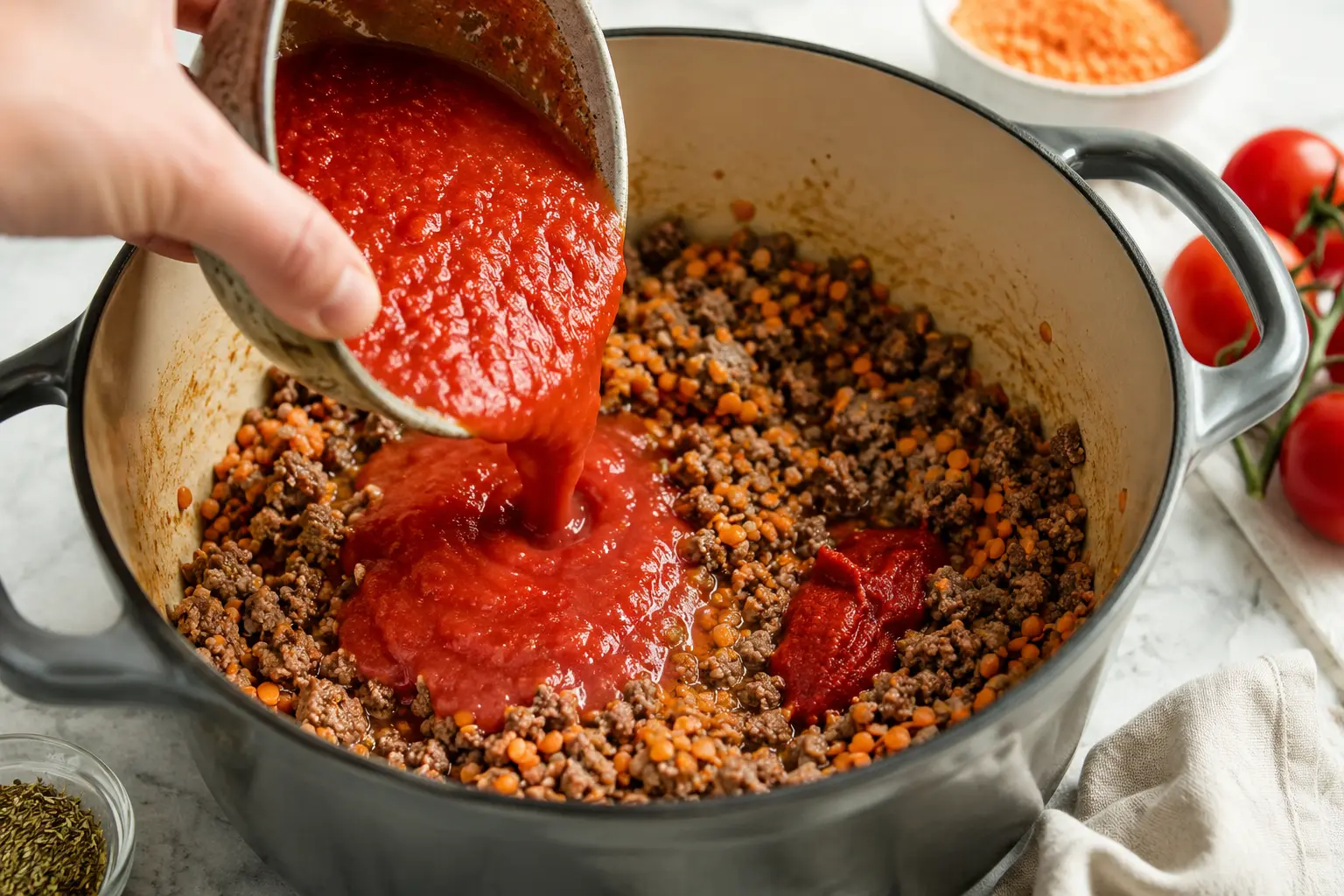 Lentilles corail et coulis de tomates versés dans le faitout avec le bœuf
