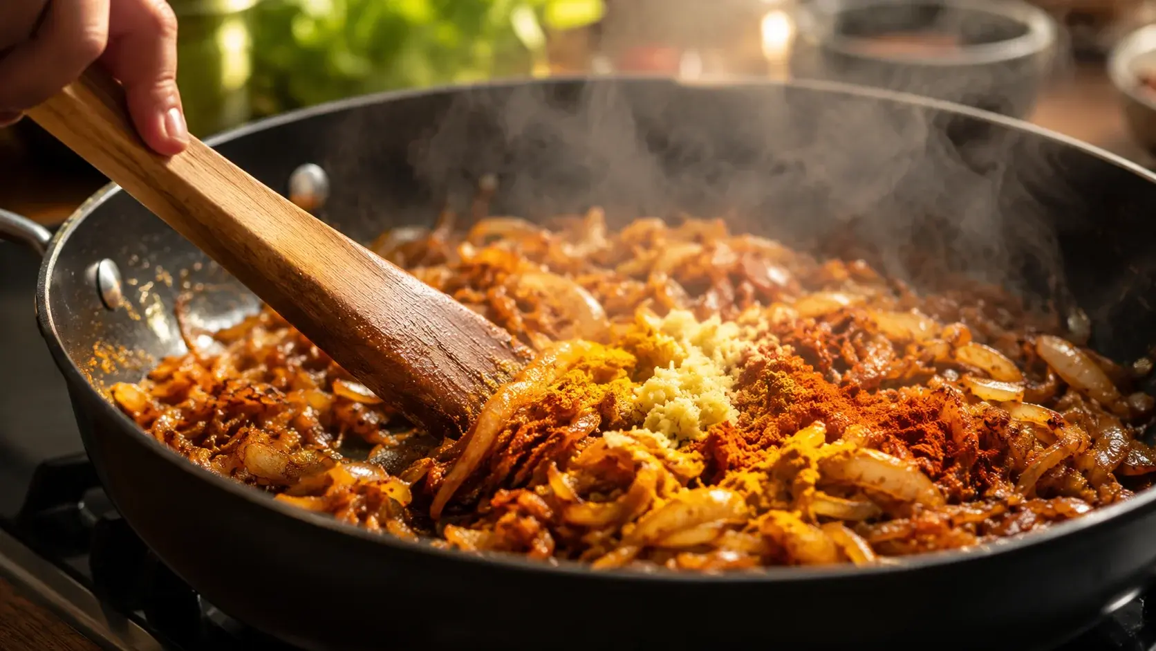 Oignons brun dorés caramélisés dans une sauteuse avec les épices colorées et le gingembre râpé, spatule remuant vigoureusement
