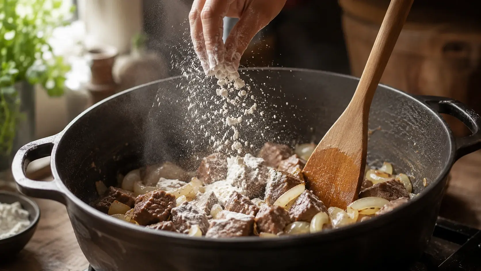 Main saupoudrant de la farine sur les cubes de bœuf revenus avec les oignons caramélisés dans la cocotte, spatule en bois prête à mélanger