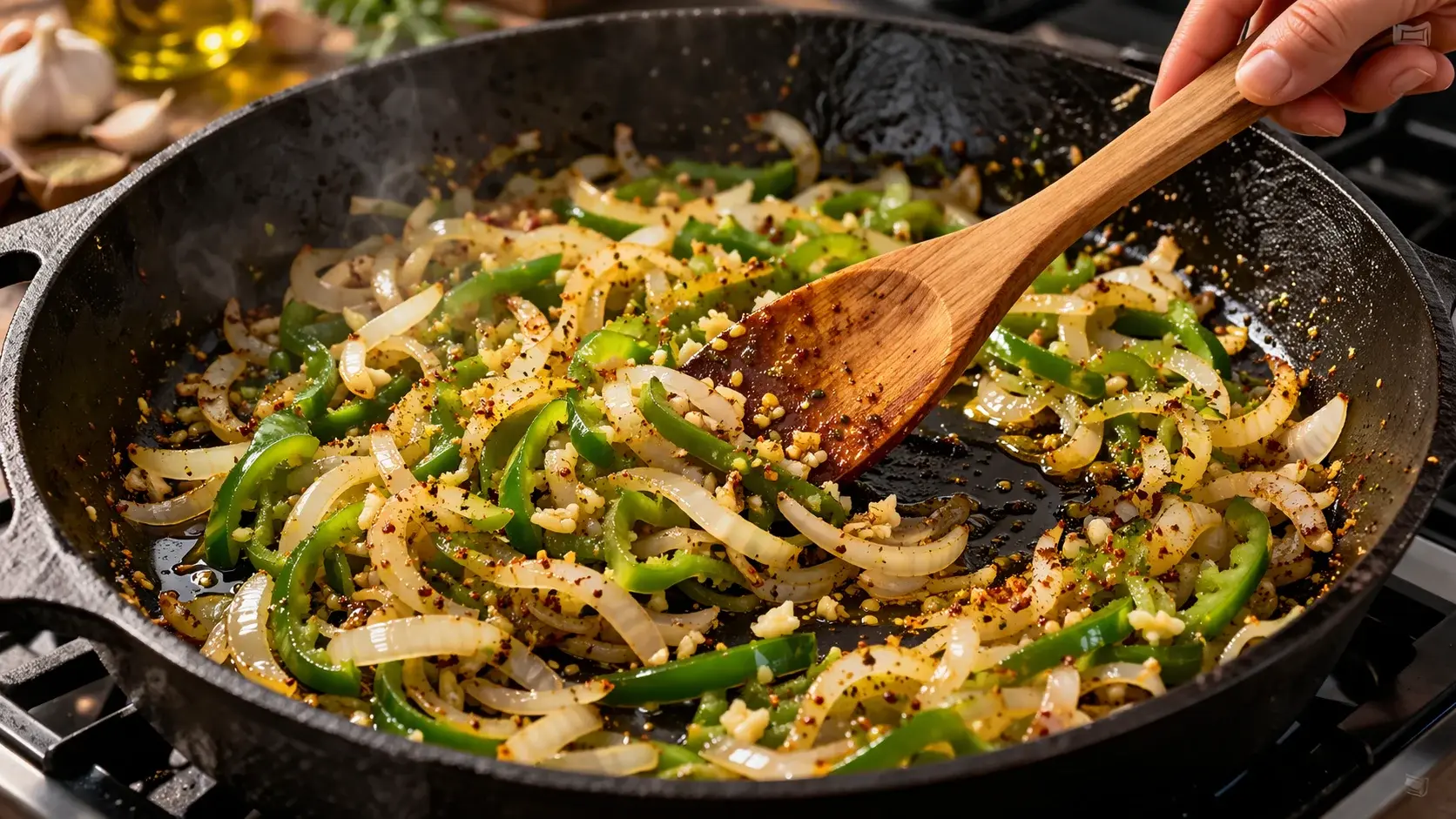 Oignon, ail et poivron vert en train de revenir dans une grande poêle avec huile d'olive et épices, spatule en bois
