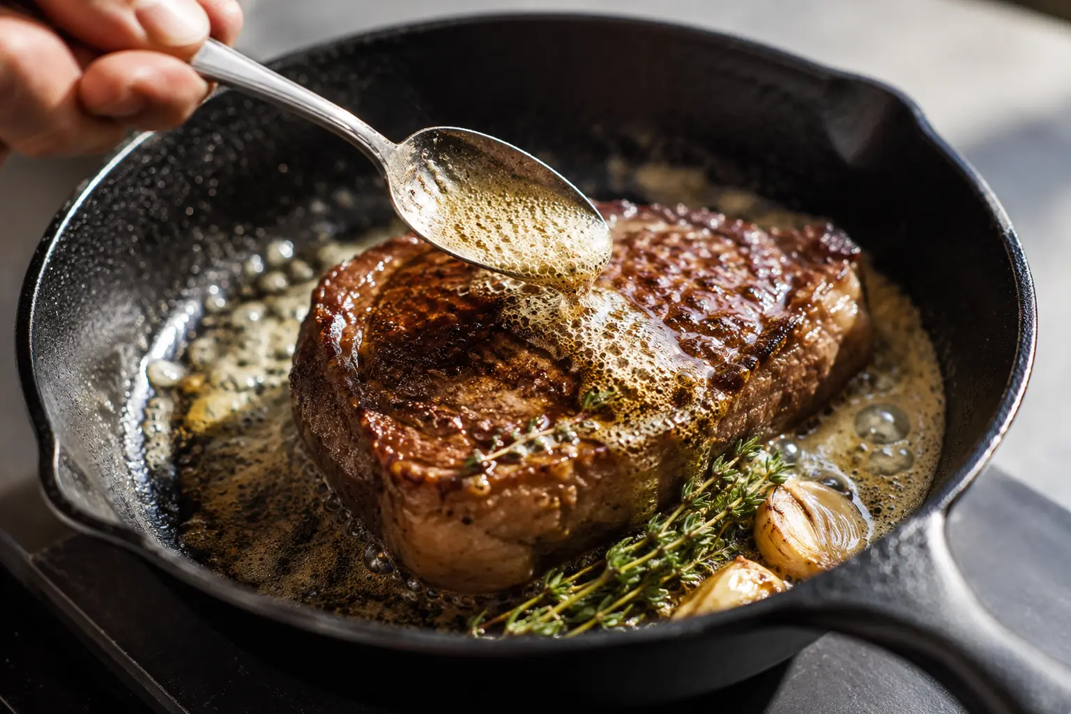 Cuillère arrosant un steak de bœuf avec du beurre mousseux, ail et thym dans la poêle