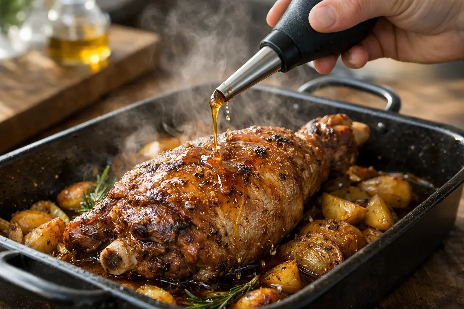 Poire à arroser versant les jus de cuisson ambrés sur le gigot d'agneau doré en cours de rôtissage, vapeur visible