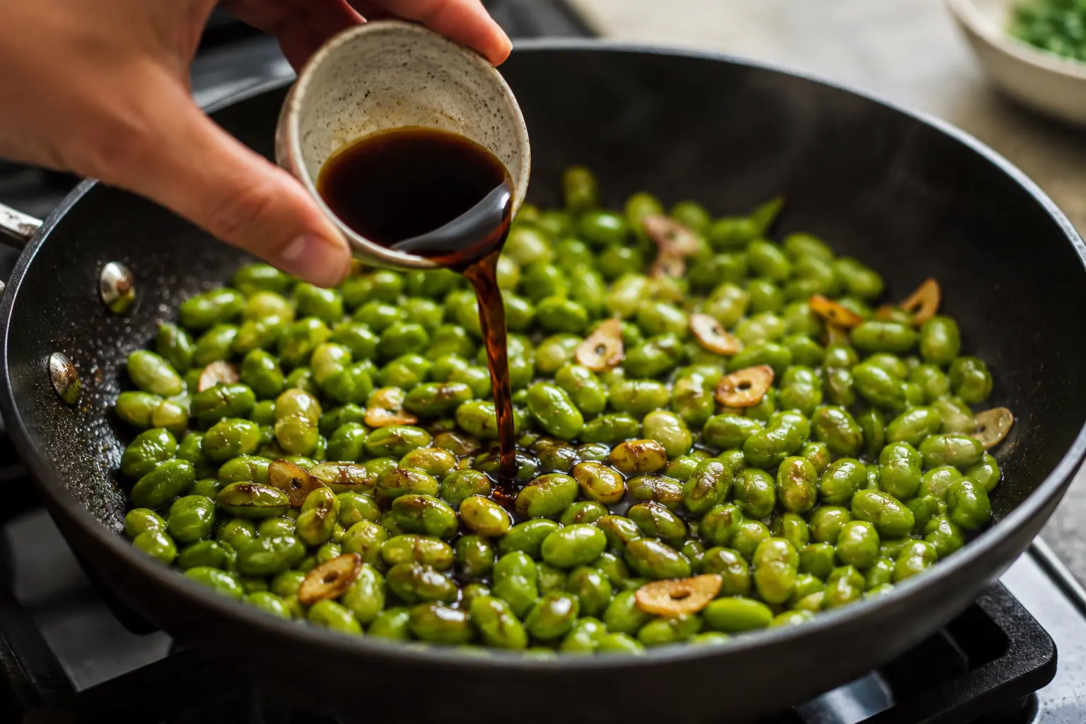 Ail émincé doré ajouté aux edamame dans la poêle avec sauce soja