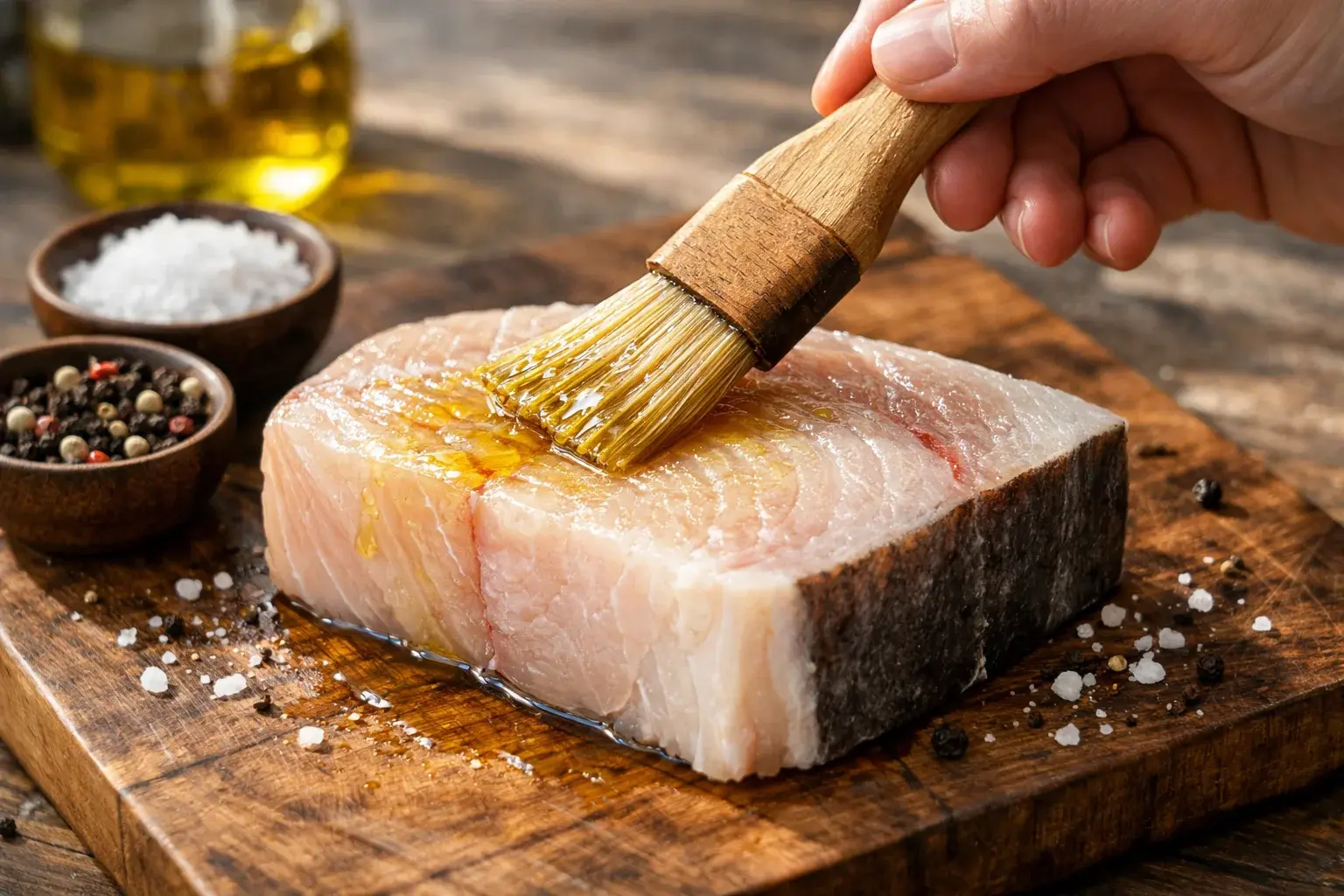 Mains badigeonnant d'huile d'olive un pavé d'espadon épais sur une planche en bois, sel et poivre à côté