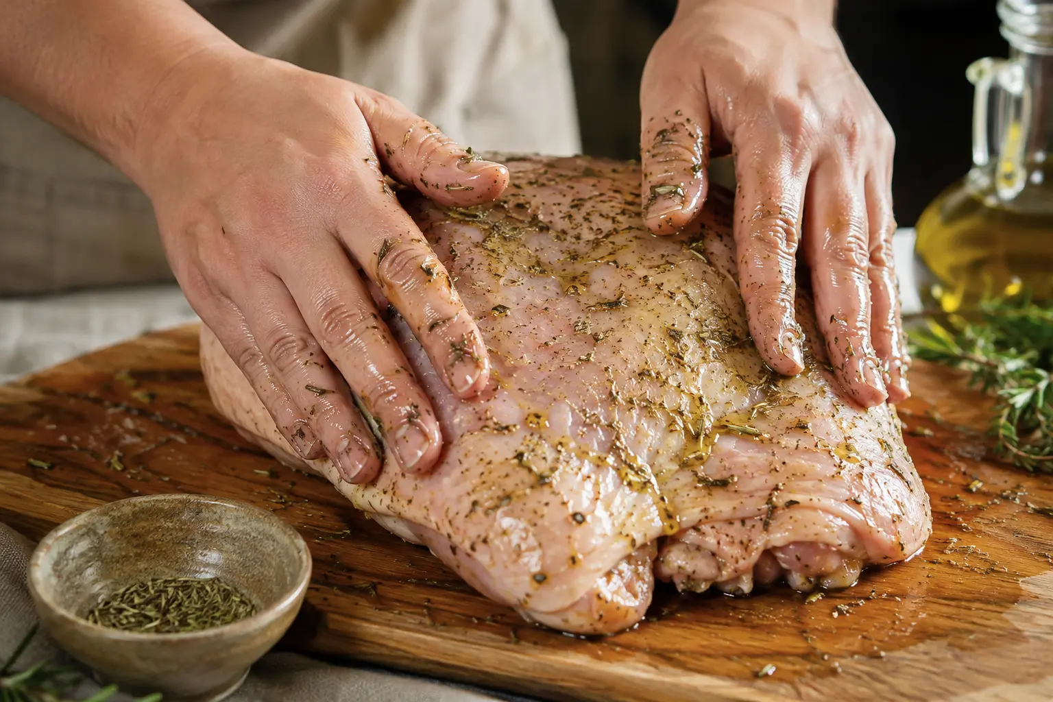 Mains badigeonnant un rôti de dinde avec un mélange d'herbes de Provence et d'huile d'olive