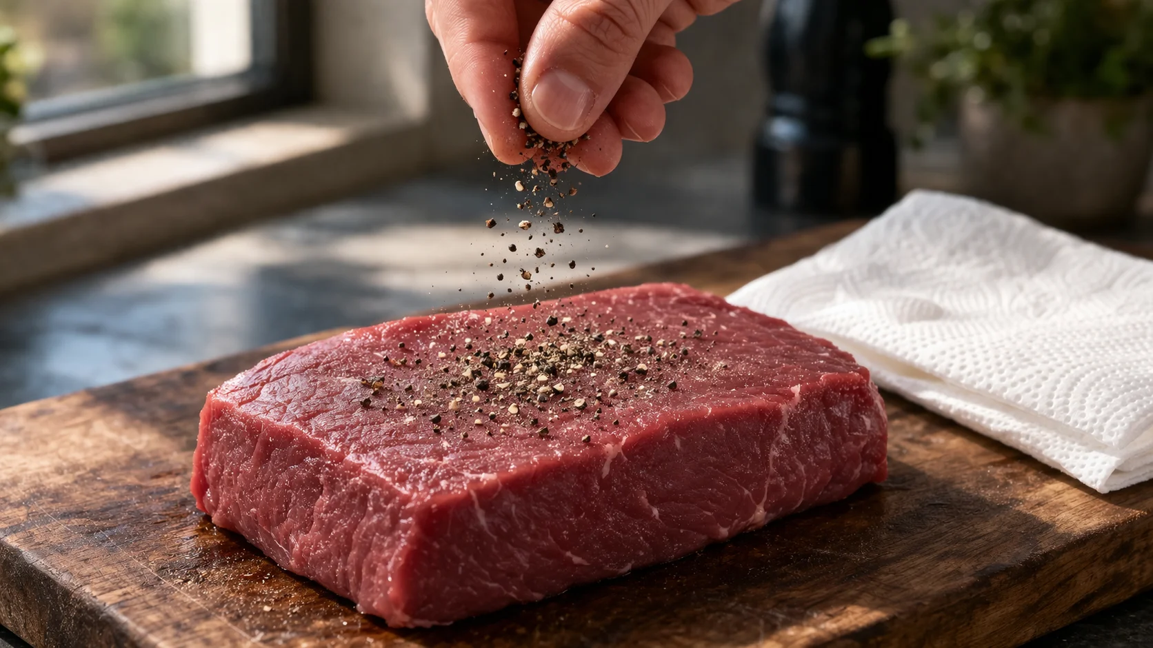 Steaks de rumsteck secs et poivrés posés sur une planche en bois, poivre noir concassé visible sur les deux faces, papier absorbant à côté