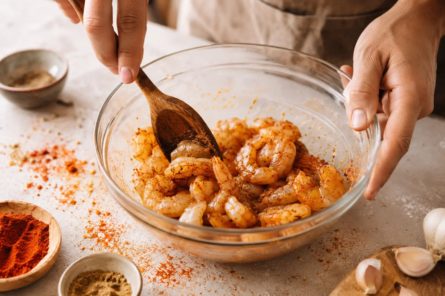 Crevettes crues dans un bol mélangées avec des épices fumées