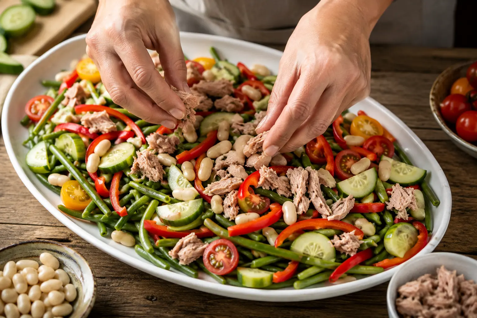 Mains disposant les légumes et le thon émietté sur un grand plat de service