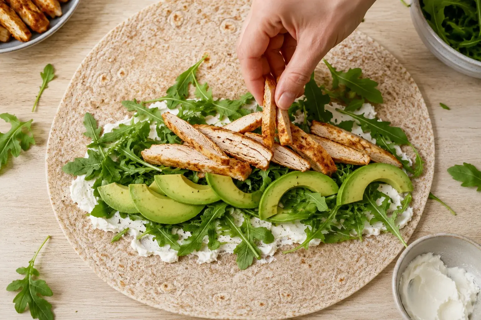 Tortilla ouverte garnie de fromage frais, roquette, tomate, avocat et poulet