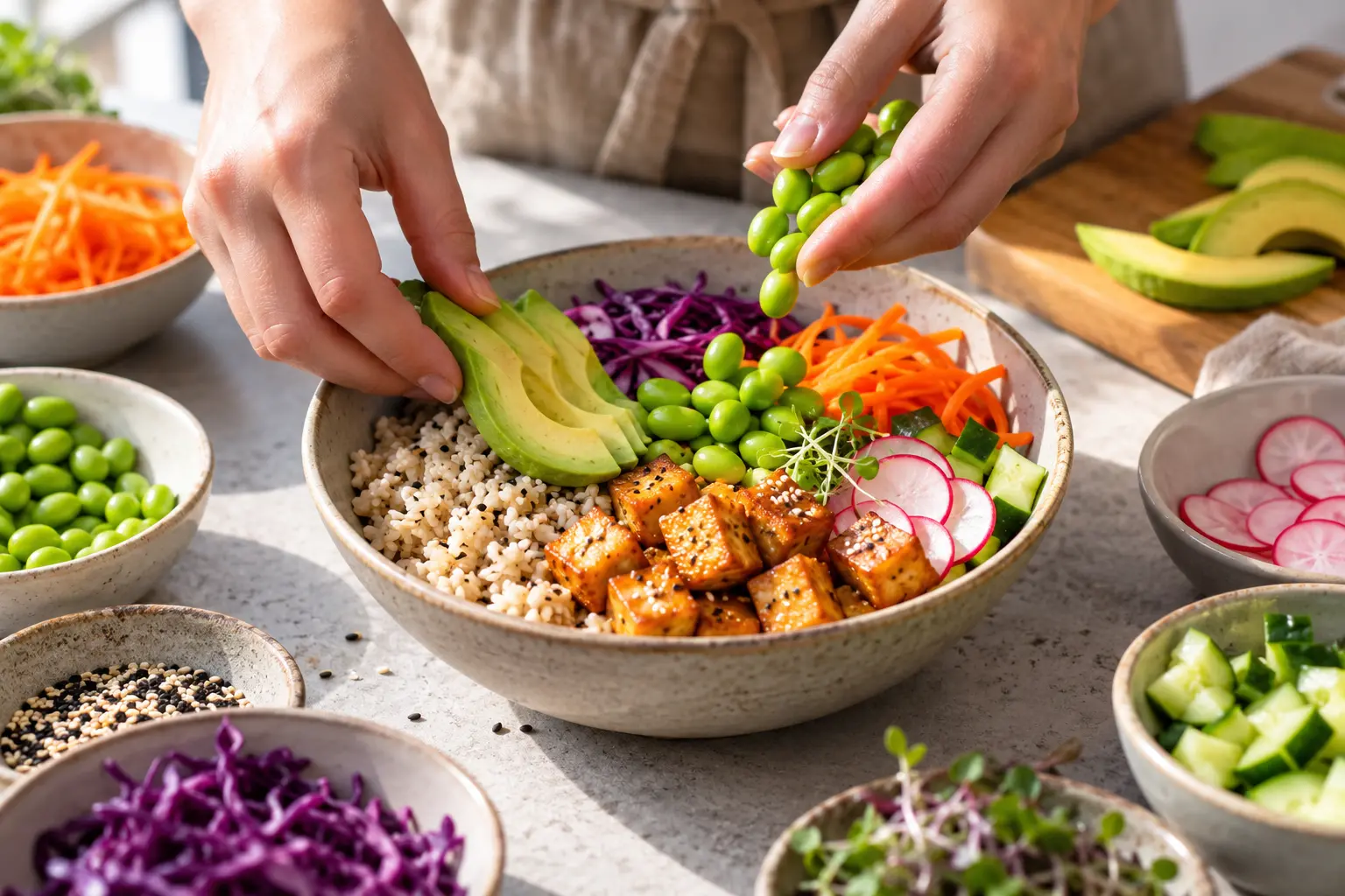 Mains en train de disposer les légumes et le tofu dans un buddha bowl coloré