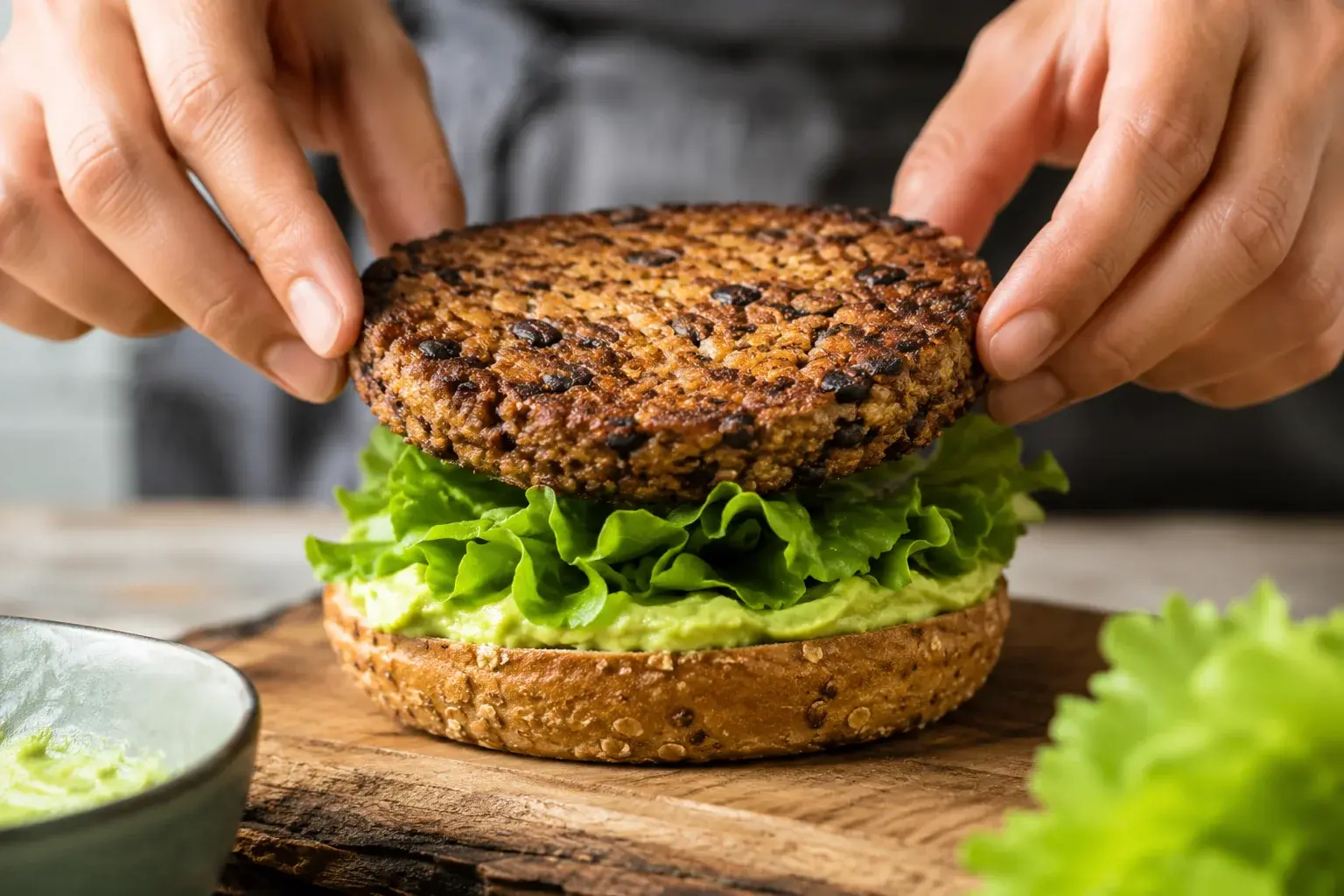Mains qui déposent un steak de haricots noirs sur un pain à burger garni de salade et sauce verte crémeuse à l'avocat