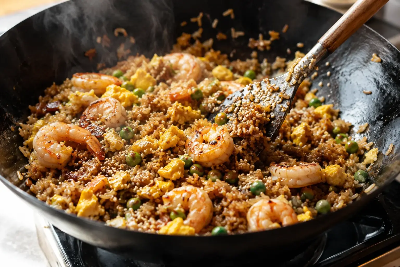 Wok rempli de riz cantonnais aux crevettes, œufs brouillés et petits pois, parsemé de graines de sésame et oignons nouveaux verts