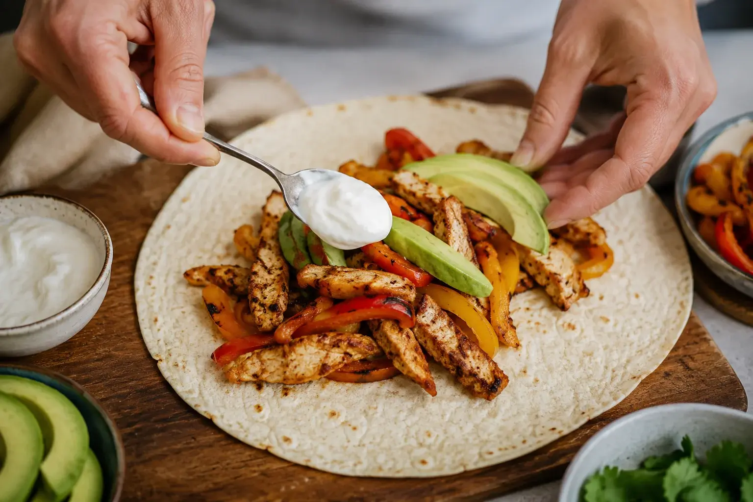 Mains qui garnissent une tortilla ouverte avec lanières de poulet épicé, poivrons grillés colorés, avocat et yaourt grec