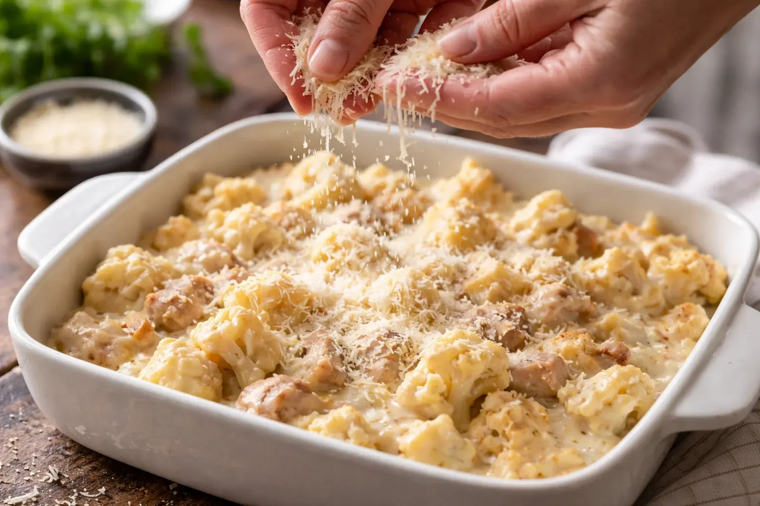 Plat à gratin garni de chou-fleur, poulet, béchamel et parmesan avant d'être enfourné