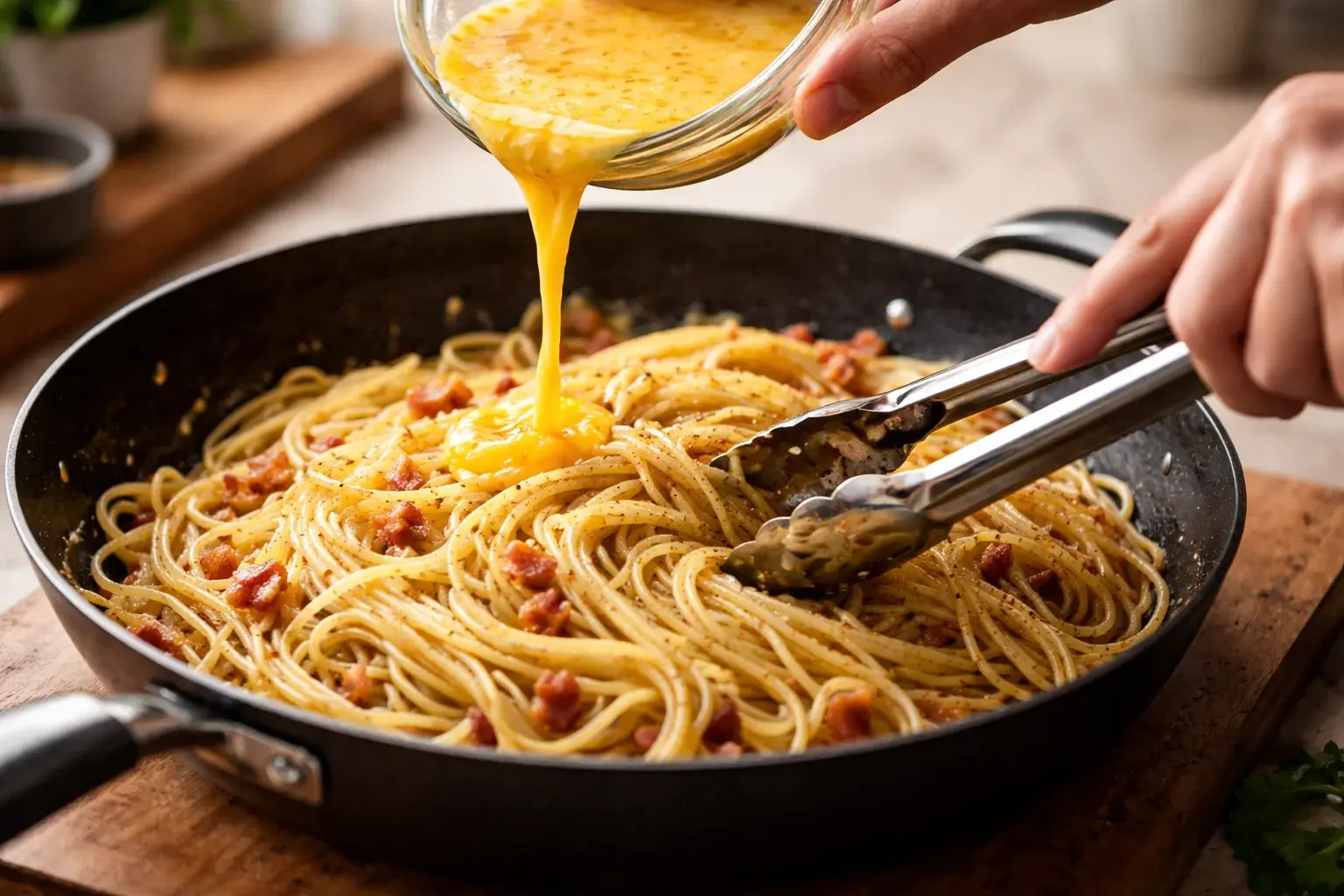 Main versant le mélange d'œufs et pecorino sur les spaghetti dans la poêle hors du feu, mouvement de mélange vigoureux visible