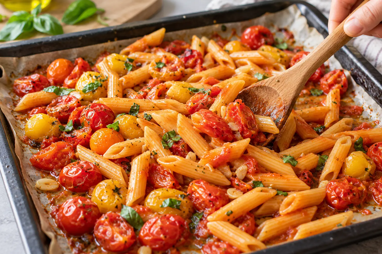 Main mélangeant les pâtes protéinées avec les tomates cerises rôties éclatées sur la plaque